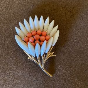 Rare Vintage Coral and Milk Glass Flower Brooch by Trifari